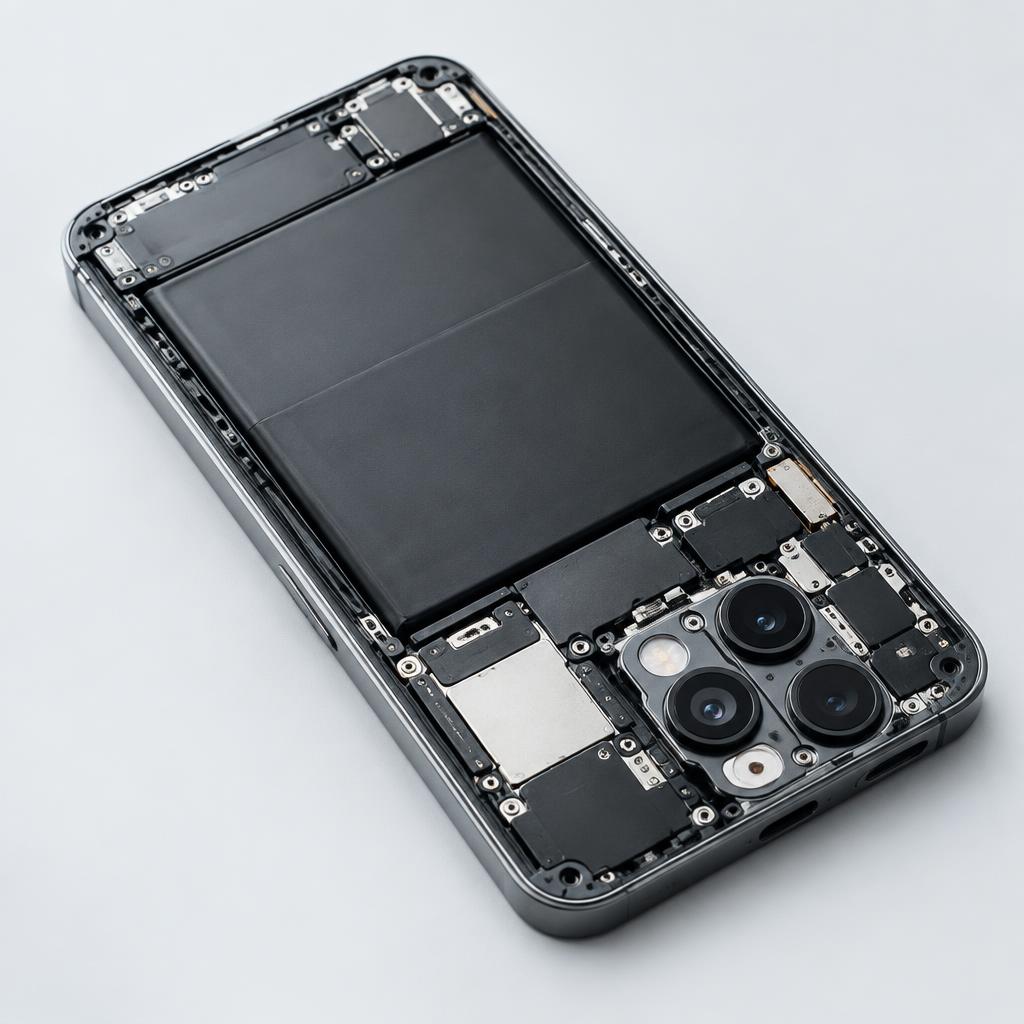 Geöffnetes Smartphone mit sichtbarem Akku