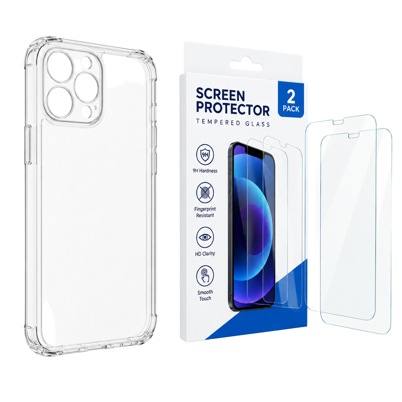 Hülle iPhone 16 Pro und 2 Schutzfolien – TPU – Transparent