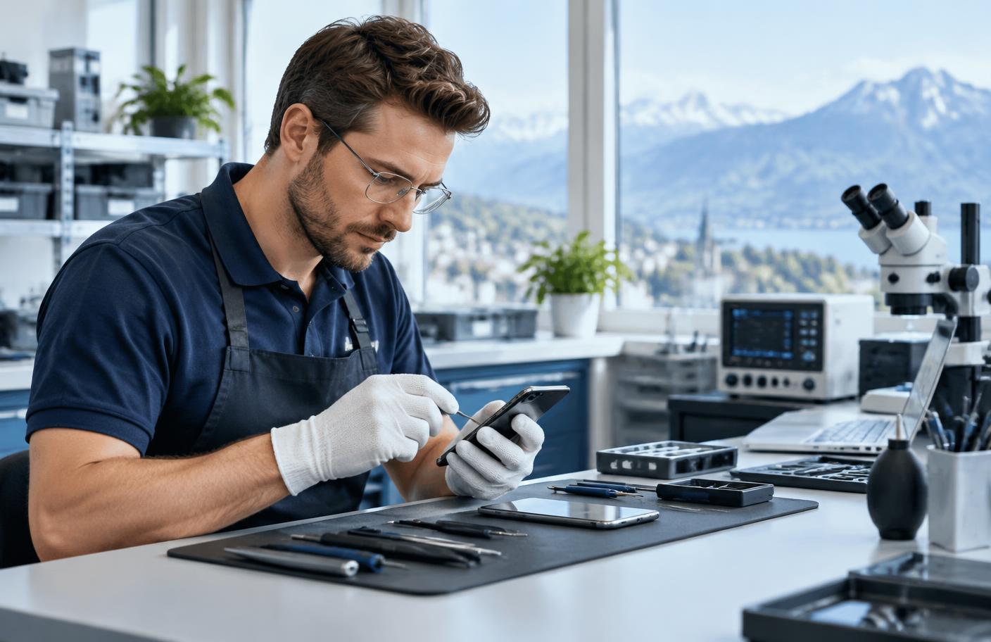 Fachperson beim sorgfältigen Prüfen eines Smartphones