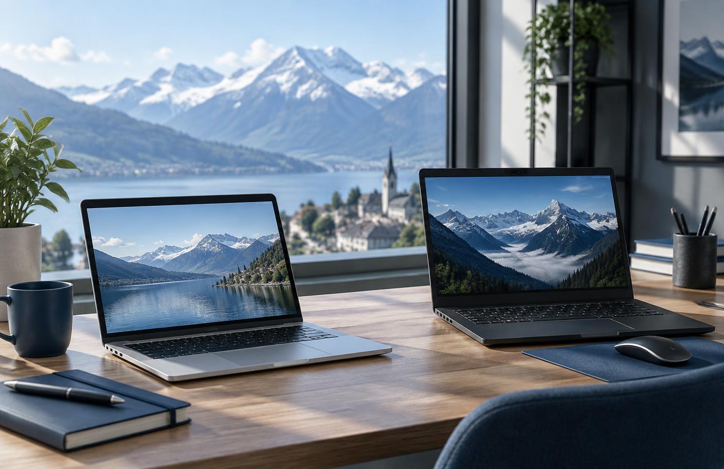 Zwei unterschiedliche Laptops auf einem Arbeitsplatz