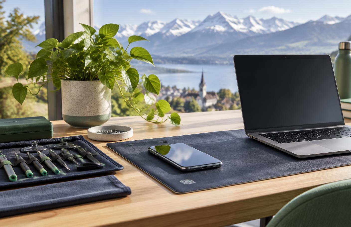 Gut gepflegtes Smartphone und Laptop neben Reparaturwerkzeug