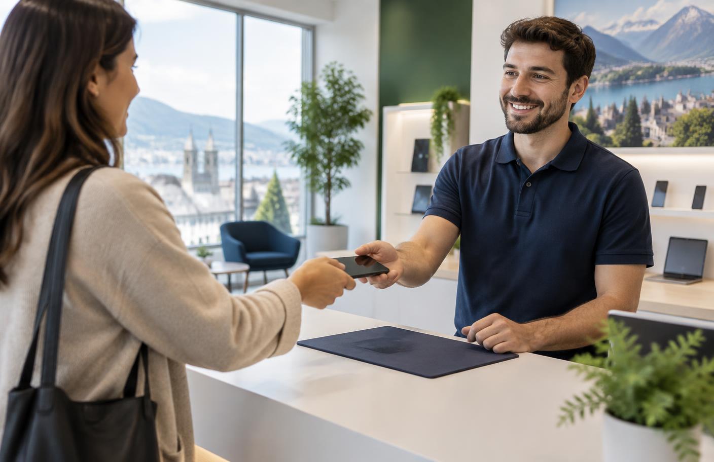 Übergabe eines gebrauchten Smartphones beim Trade-in